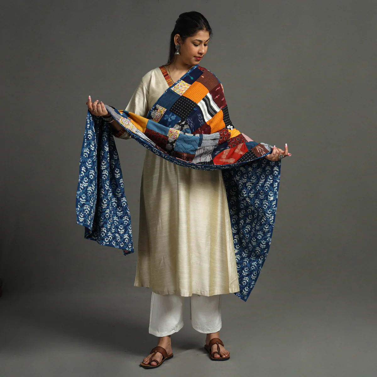Multicolor - Indigo Reversible Patchwork Cotton Dupatta 07