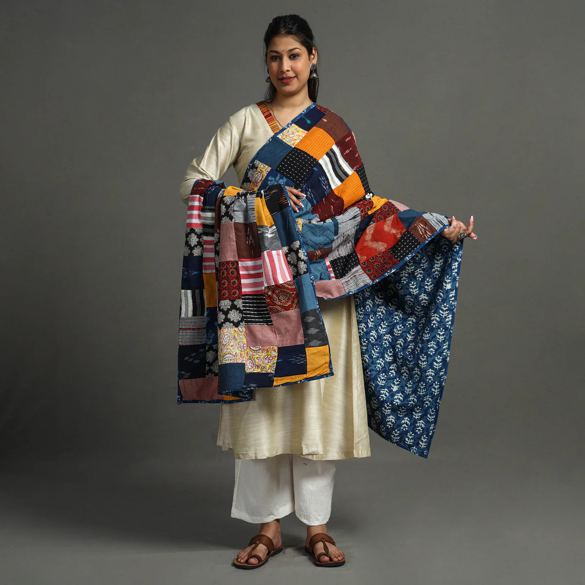 Multicolor - Indigo Reversible Patchwork Cotton Dupatta 07