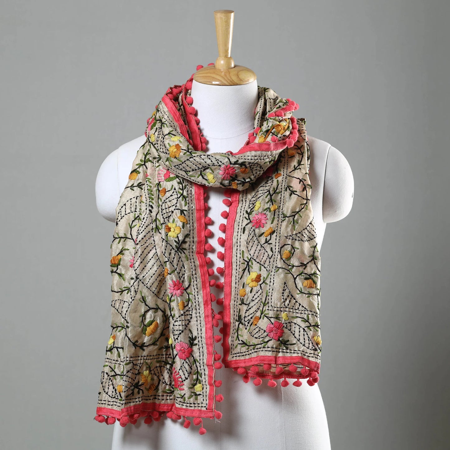 Ranihati Chapa Work Embroidery Chanderi Silk Stole with Pom Pom