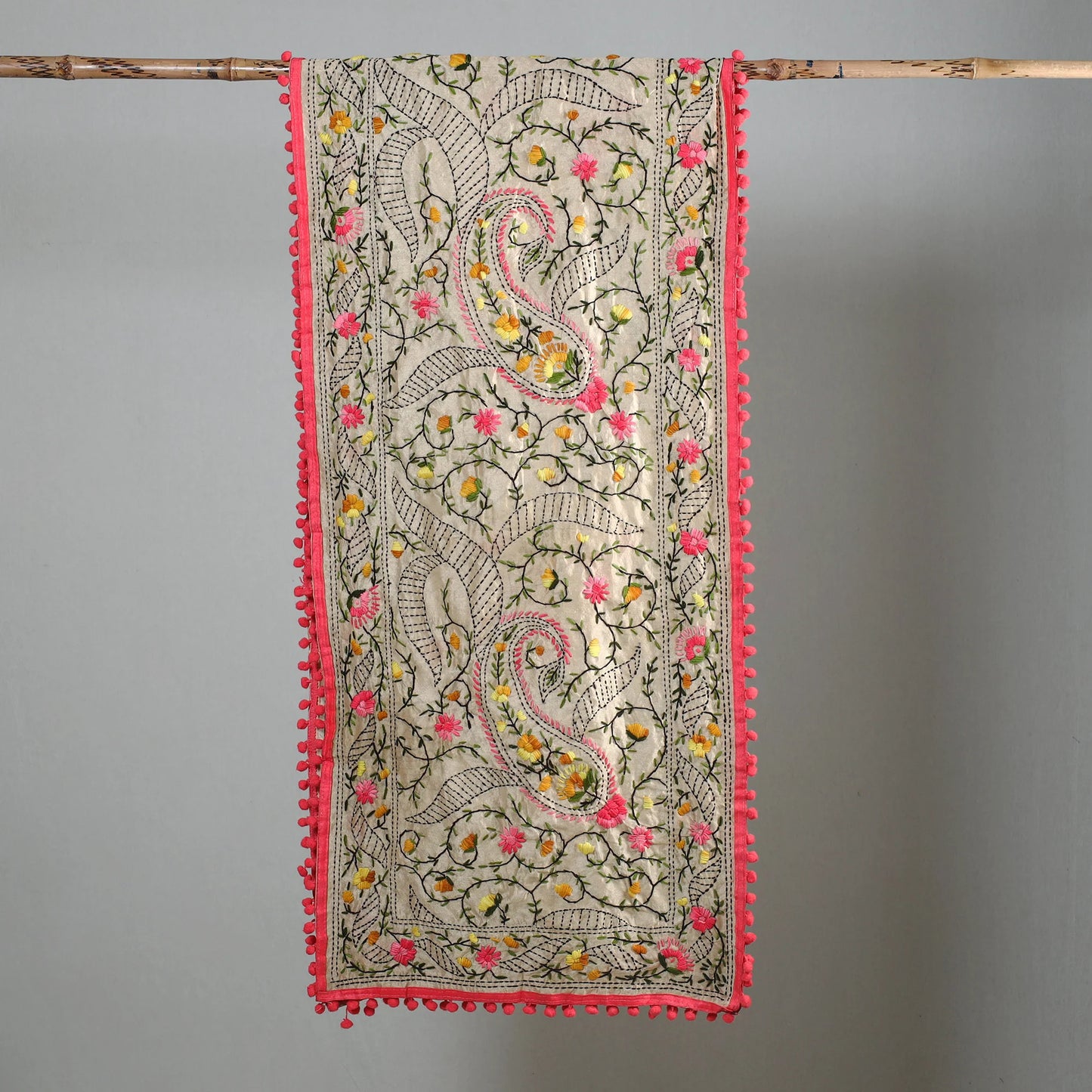 Ranihati Chapa Work Embroidery Chanderi Silk Stole with Pom Pom