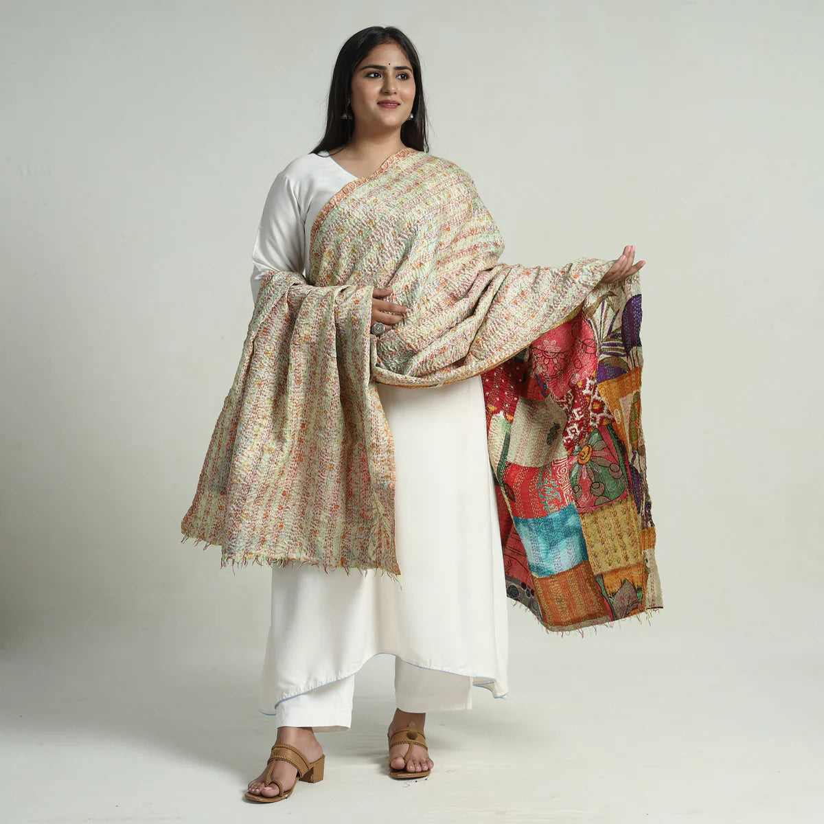 Multicolor - Bengal Kantha Embroidery Patchwork Reversible Silk Dupatta 32