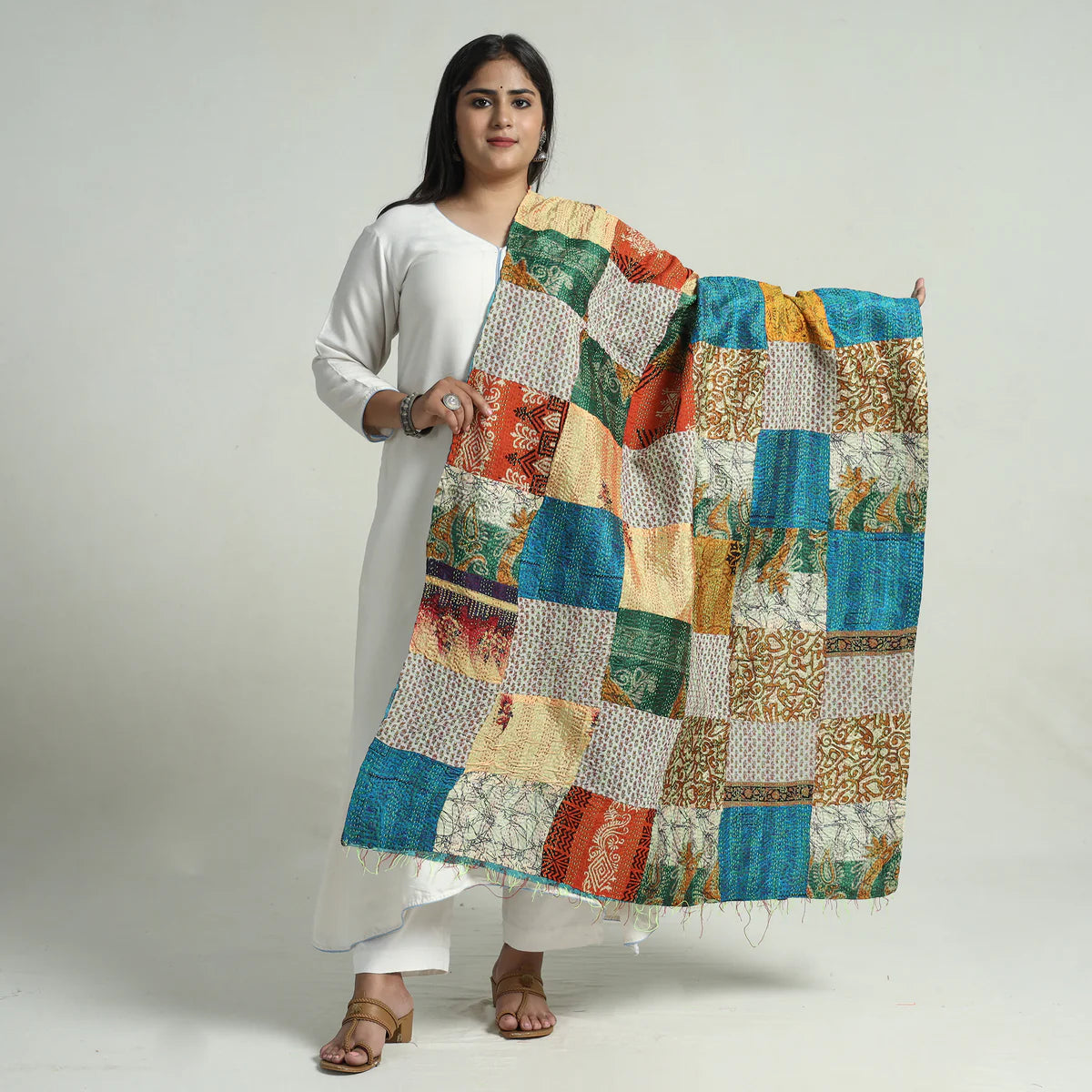 Multicolor - Bengal Kantha Embroidery Patchwork Reversible Silk Dupatta 65