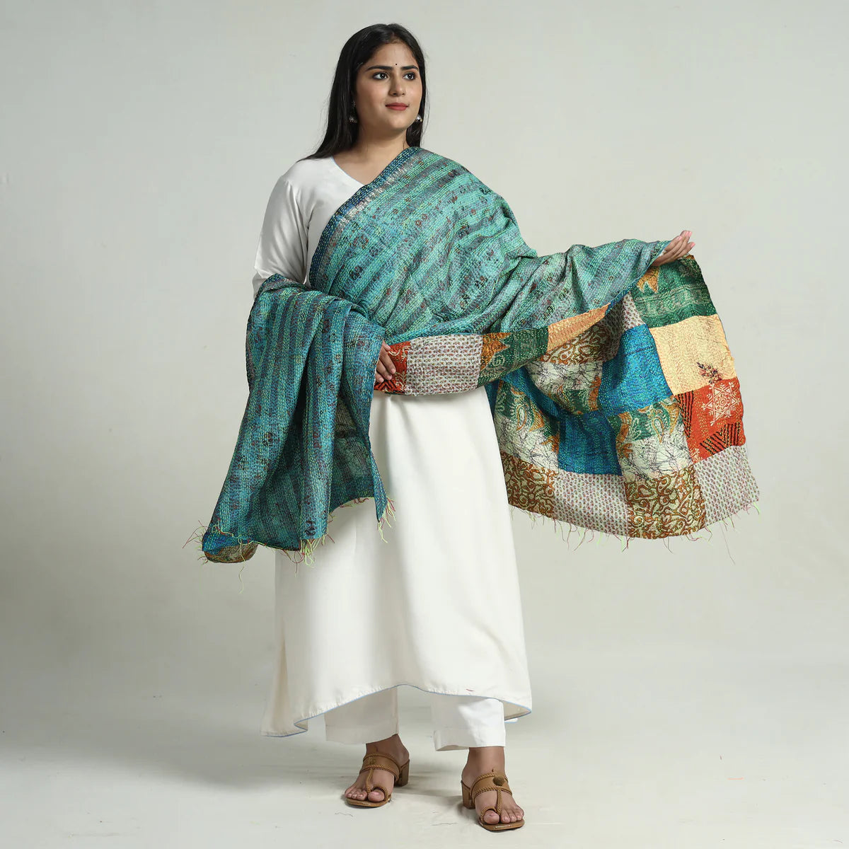 Multicolor - Bengal Kantha Embroidery Patchwork Reversible Silk Dupatta 65