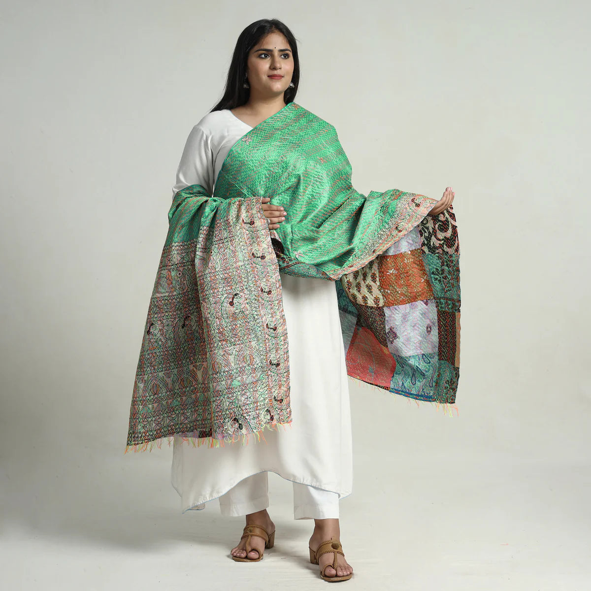 Multicolor - Bengal Kantha Embroidery Patchwork Reversible Silk Dupatta 87