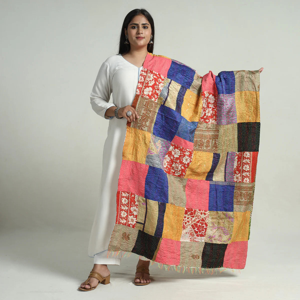 Multicolor - Bengal Kantha Embroidery Patchwork Reversible Silk Dupatta 145