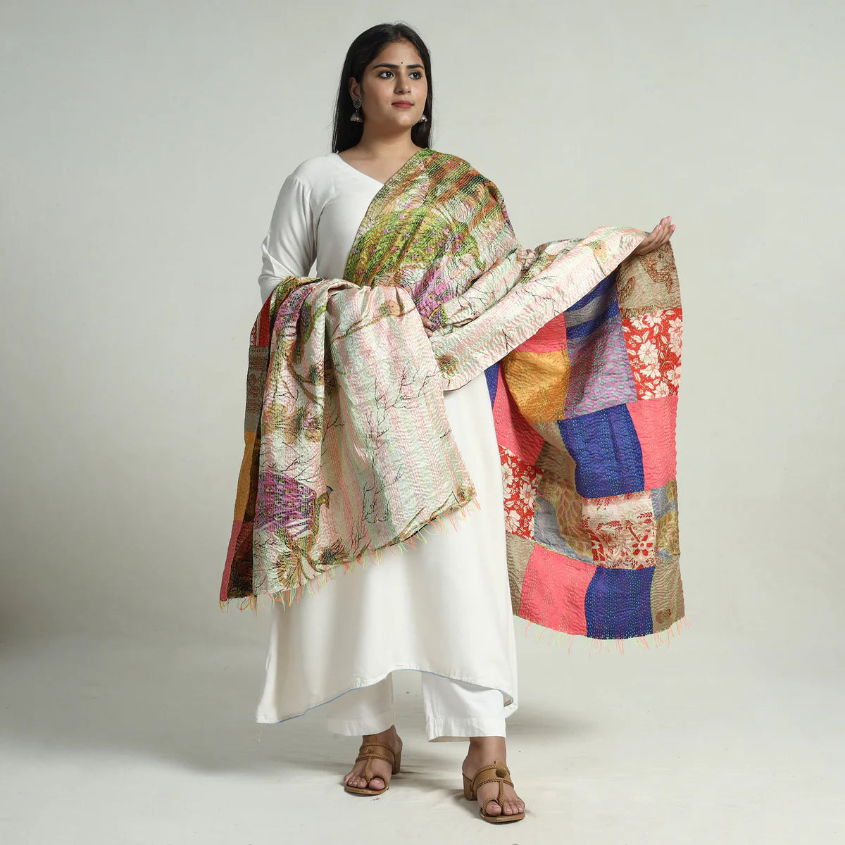 Multicolor - Bengal Kantha Embroidery Patchwork Reversible Silk Dupatta 145