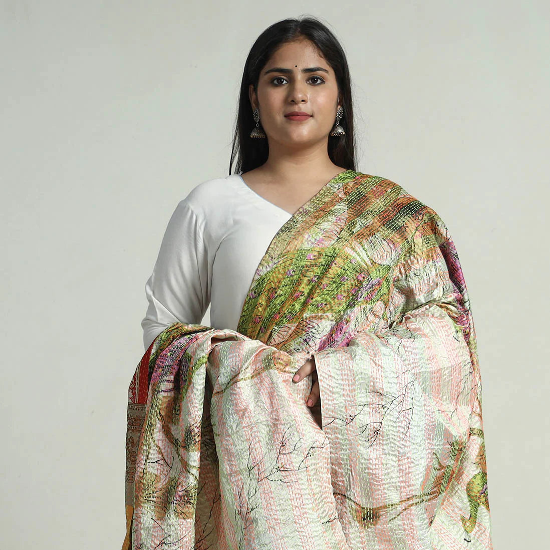 Multicolor - Bengal Kantha Embroidery Patchwork Reversible Silk Dupatta 145