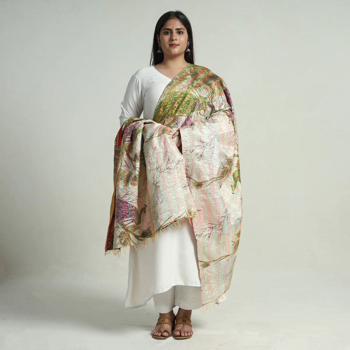 Multicolor - Bengal Kantha Embroidery Patchwork Reversible Silk Dupatta 145