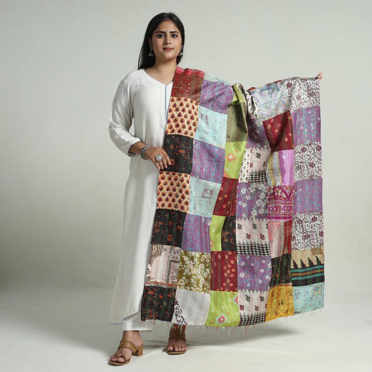 Multicolor - Bengal Kantha Embroidery Patchwork Reversible Silk Dupatta 146