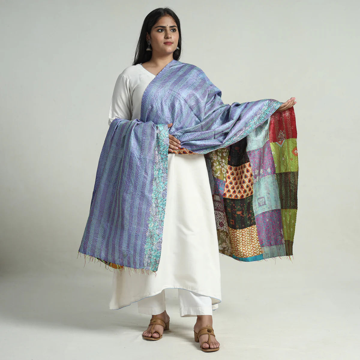 Multicolor - Bengal Kantha Embroidery Patchwork Reversible Silk Dupatta 146