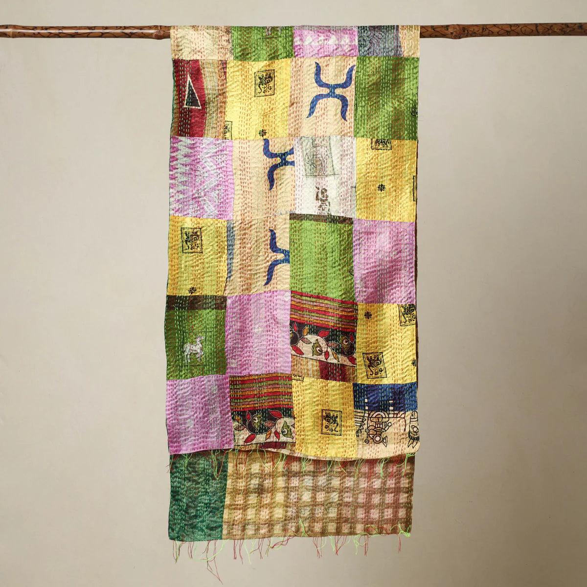 Multicolor - Bengal Kantha Embroidery Patchwork Reversible Silk Cotton Stole