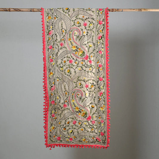 Ranihati Chapa Work Embroidery Chanderi Silk Stole with Pom Pom