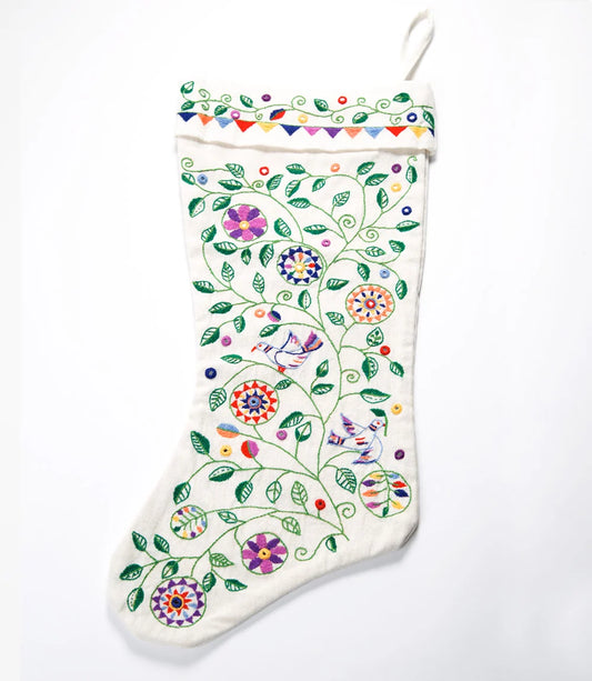 Hand-Embroidered Ivory Christmas Stocking